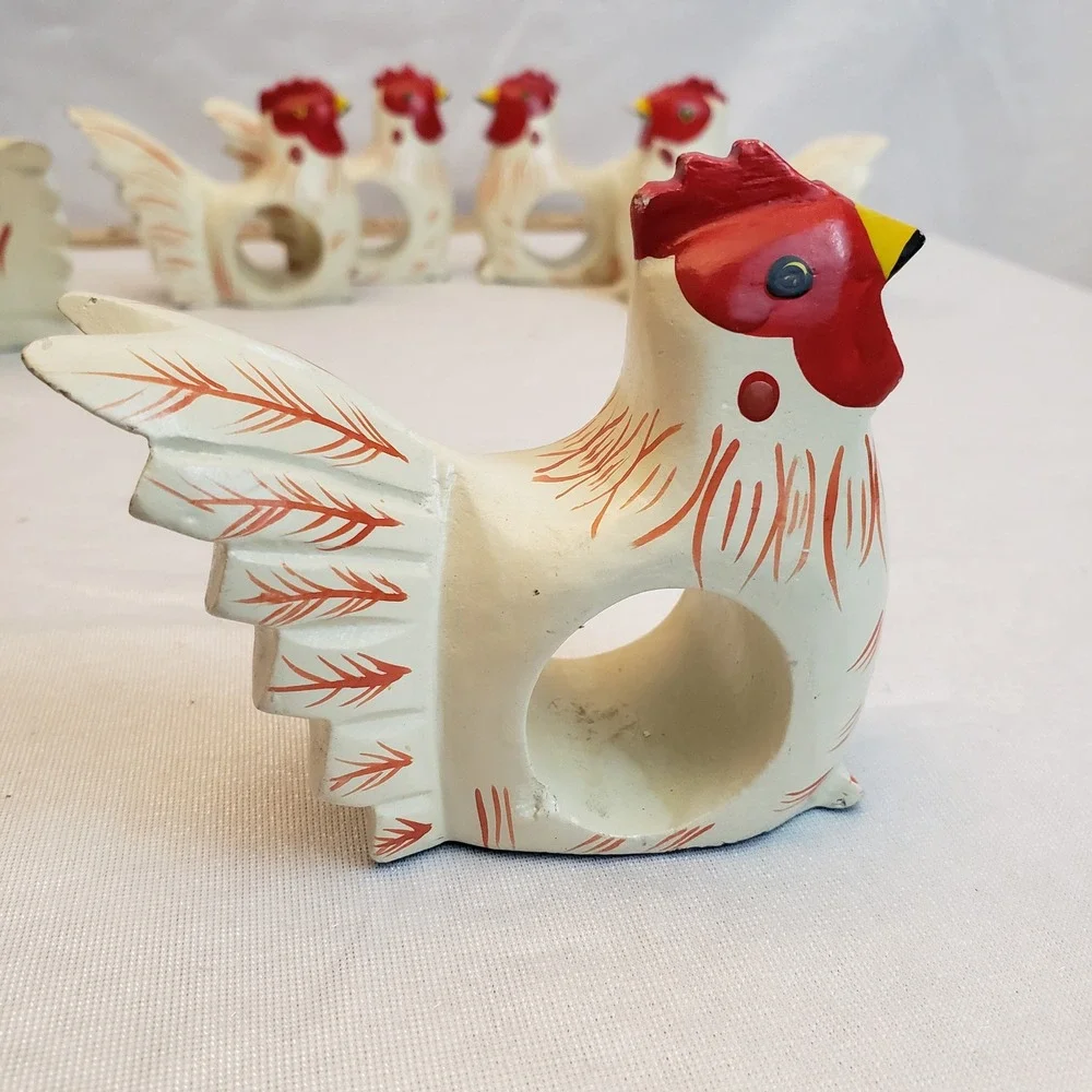 VTG Set 6 Chicken Napkin‎ Rings Farmhouse Cottage Wood Folk Art Hand Painted